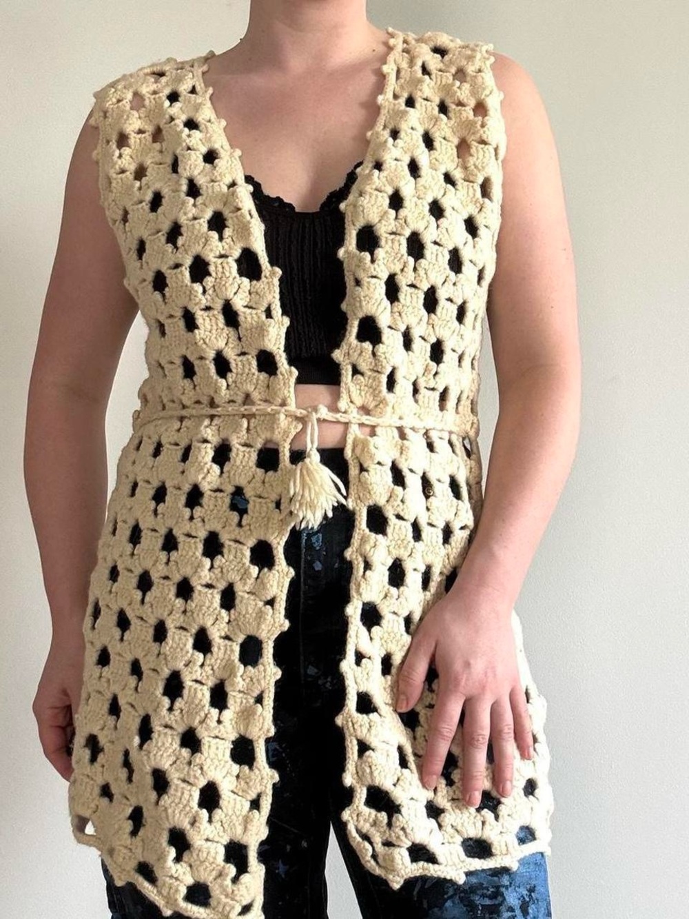 Vintage chunky cream crochet knit vest